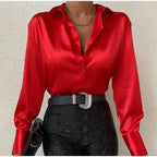 Elegant Satin Blue Long Sleeve Vintage Blouse