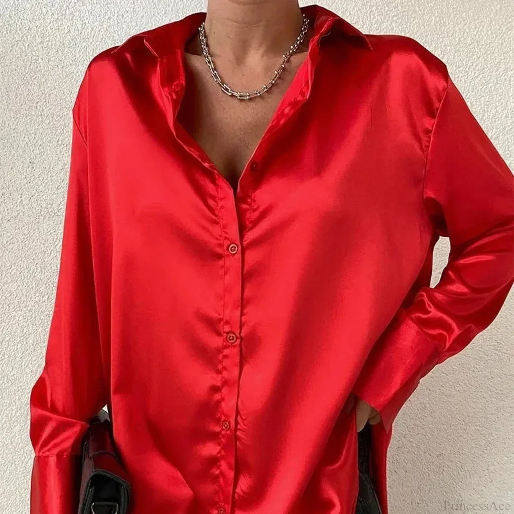 Elegant Satin Blue Long Sleeve Vintage Blouse