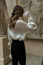 Elegant Satin Tie-Waist Loose Long Sleeve Blouse