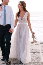 Elegantes A-Linien Brautkleid mit U-Boot-Ausschnitt, Spitze und Tüll für den Strand
