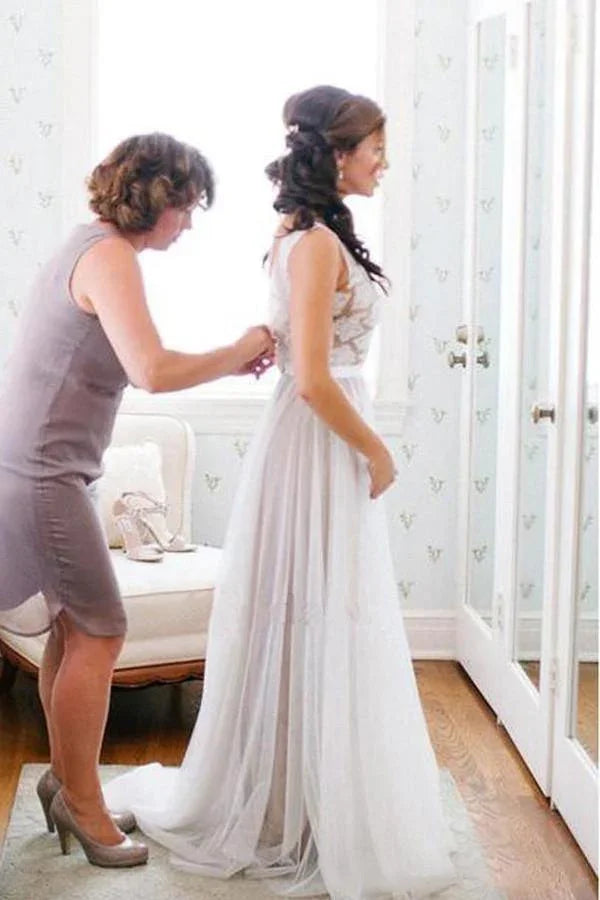 Elegantes A-Linien Brautkleid mit U-Boot-Ausschnitt, Spitze und Tüll für den Strand