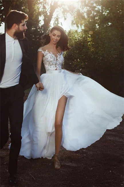 Elegante Brautkleider aus bodenlangem Chiffon und Spitze