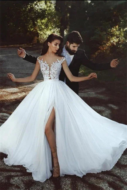 Elegante Brautkleider aus bodenlangem Chiffon und Spitze