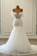 Elegant Long Mermaid Off the Shoulder Tulle Lace Wedding Dresses