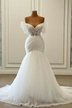 Elegant Long Mermaid Off the Shoulder Tulle Lace Wedding Dresses