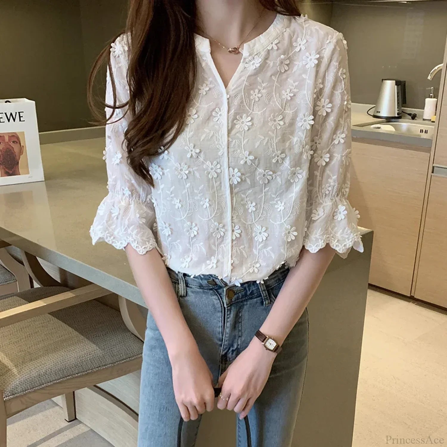 Embroidered Lace Summer Cotton White Blouse