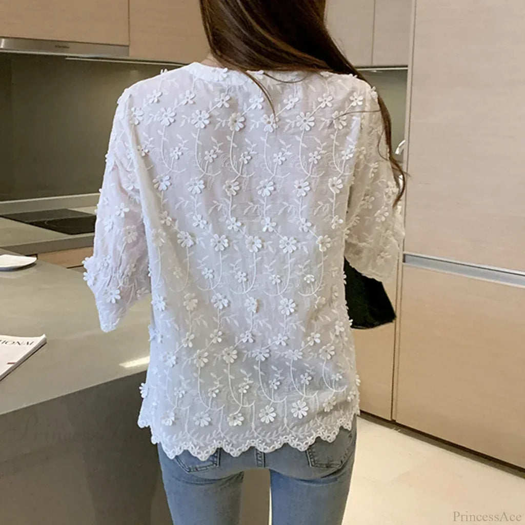 Embroidered Lace Summer Cotton White Blouse