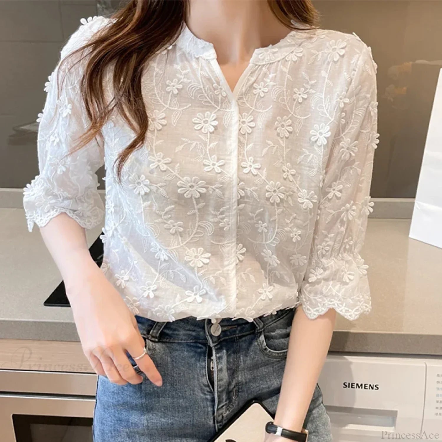 Embroidered Lace Summer Cotton White Blouse