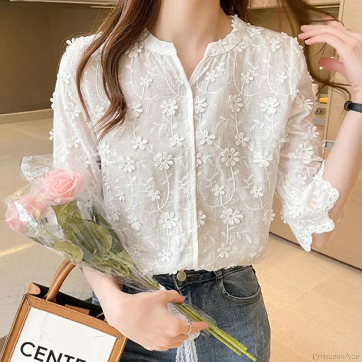 Embroidery Floral Short Sleeve White Blouse