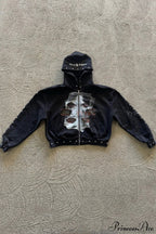Embroidery Rhinestone Print Zip Hoodie