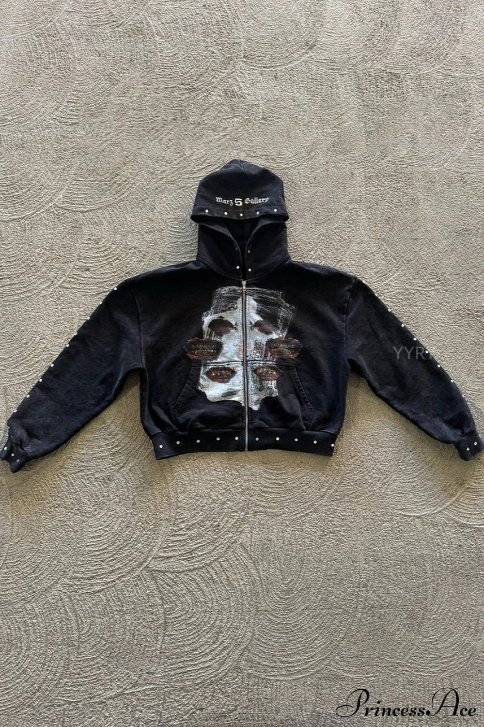 Embroidery Rhinestone Print Zip Hoodie