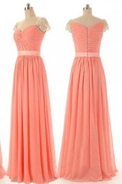 Beaded Chiffon Cap Sleeve Sweetheart Long Bridesmaid Dresses, Simple Prom Dress