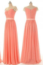 Beaded Chiffon Cap Sleeve Sweetheart Long Bridesmaid Dresses, Simple Prom Dress