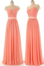 Beaded Chiffon Cap Sleeve Sweetheart Long Bridesmaid Dresses, Simple Prom Dress