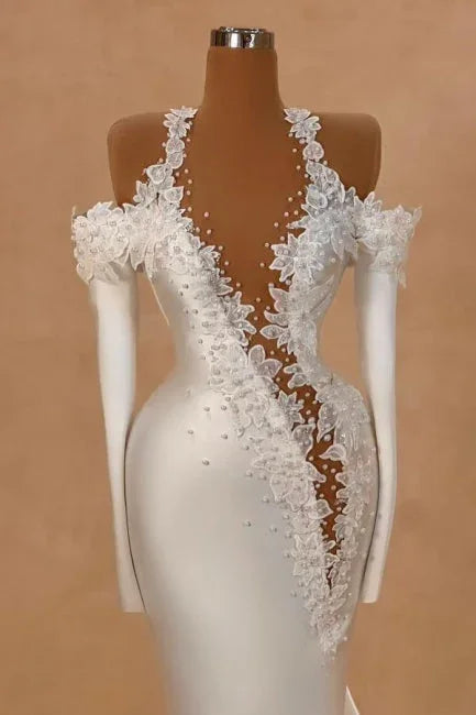 Exquisites langes Meerjungfrauen-Brautkleid aus Satin mit Trägern, langen Ärmeln und Perlen