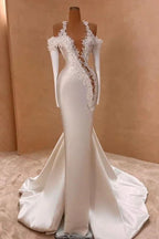 Exquisites langes Meerjungfrauen-Brautkleid aus Satin mit Trägern, langen Ärmeln und Perlen
