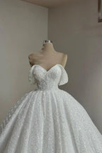 Extravagant Long A-line Off-the-shoulder Lace Wedding Dress with Pearls