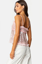 Sequin Tie Lace Trim Cami Top