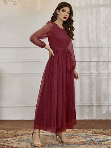 Maxi Dress Jewel Neck Long Sleeves Casual Sheer Sash Long Dress