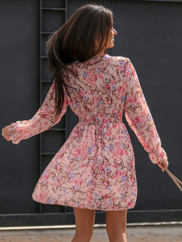 Minikleider Rosa Blumendruck Langarm Kurzes Kleid 