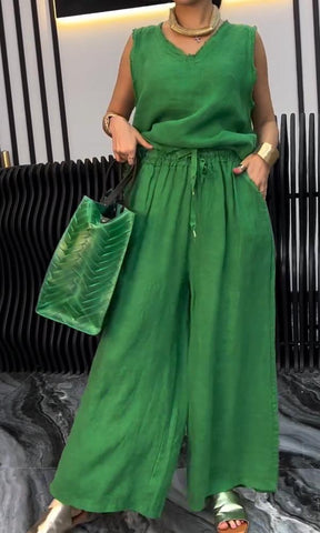 Women's Linen Sleeveless Blouse And Trousers Two-Piece Set