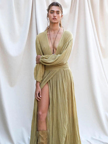 Maxi Dress V-Neck Long Sleeves High-slit Long Dress