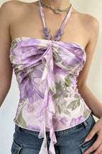Floral Print Beaded Romantic Halter Top