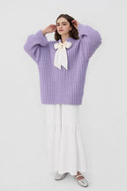 French-Style Bow Sequin Soft Luxe Lazy-Style Loose Knit Sweater