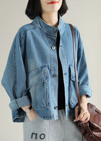 Abrigo vaquero de manga larga con cuello alto, botones y bolsillos grandes en azul de moda 