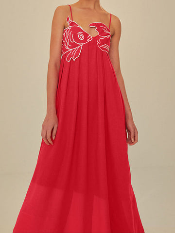 Vestido midi con tirantes finos y bordado de pez 