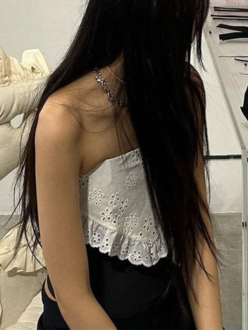 TARUXY Splice Lace Crop Tops Damen Bodycon Sexy Off the Shoulders Ärmelloses Tank Top Damen Club Slim Hollow Out Kleidung 2023 