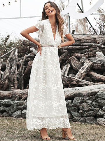 V-Neck Maxi Dress Short Sleeves Casual Floor Length Dress
