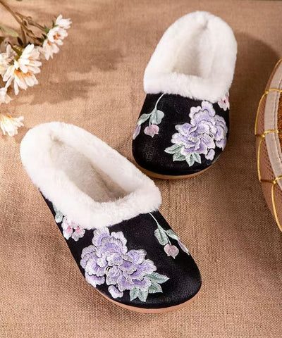Handgemachte Vintage Fuzzy Wolle gefüttert Hausschuhe Schuhe schwarz Satin Stickerei 