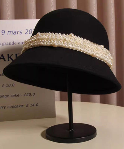 Elegante sombrero de cubo de lana negro hecho a mano con cuentas de clavos 
