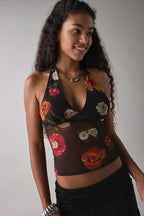 Stylish Printed Mesh Sexy Halter Top