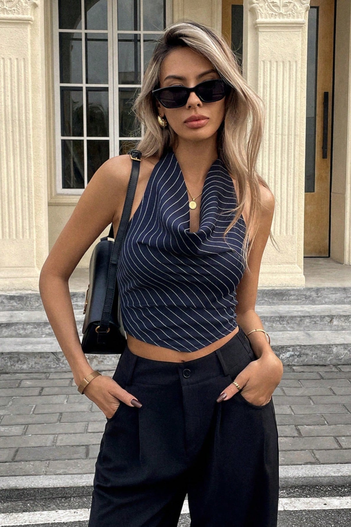 Elegant Stripe Halter Draped Tank Top