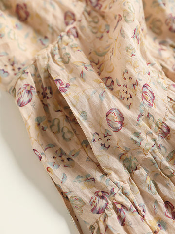Women Summer Artsy Floral Drawstring Cardigan Ramie Dress