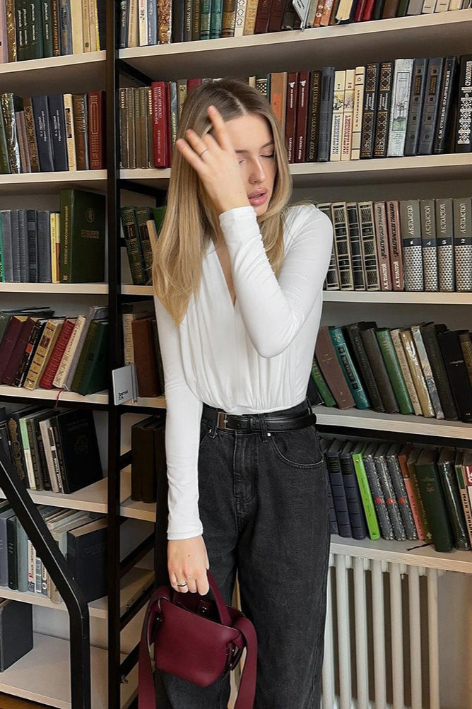 Solid White Ruched V Neck Long Sleeve Tee