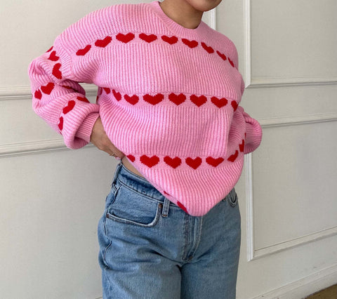 Suéter de punto con rayas de corazón rojo Lovey 