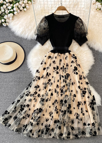 Vestido largo bohemio de tul con cuello redondo, lazo bordado en la cintura, de punto y patchwork, manga corta, color albaricoque 