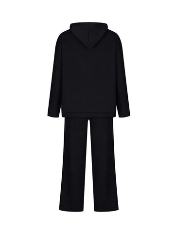 Conjunto de dos piezas de suéter holgado de color sólido con cuello redondo, capucha y mangas largas + pantalón con cordón ajustable 