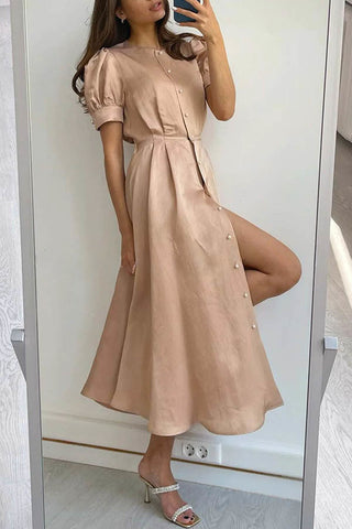 Vestido midi con abertura y botones de perla, mangas abullonadas, estilo chic y elegante 