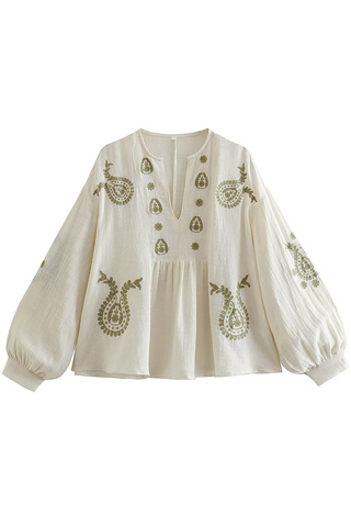 Blusen mit V-Ausschnitt und Blumenstickerei in Kontrastfarbe 