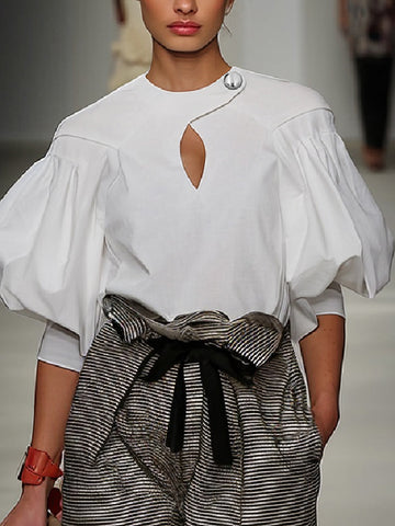 Half Sleeves Loose Buttoned Elasticity Hollow Pleated Solid Color Split-Joint Round-Neck Blouses&Shirts Tops