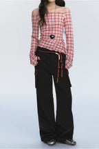 Off Shoulder Red Checkered Long Sleeve Blouse