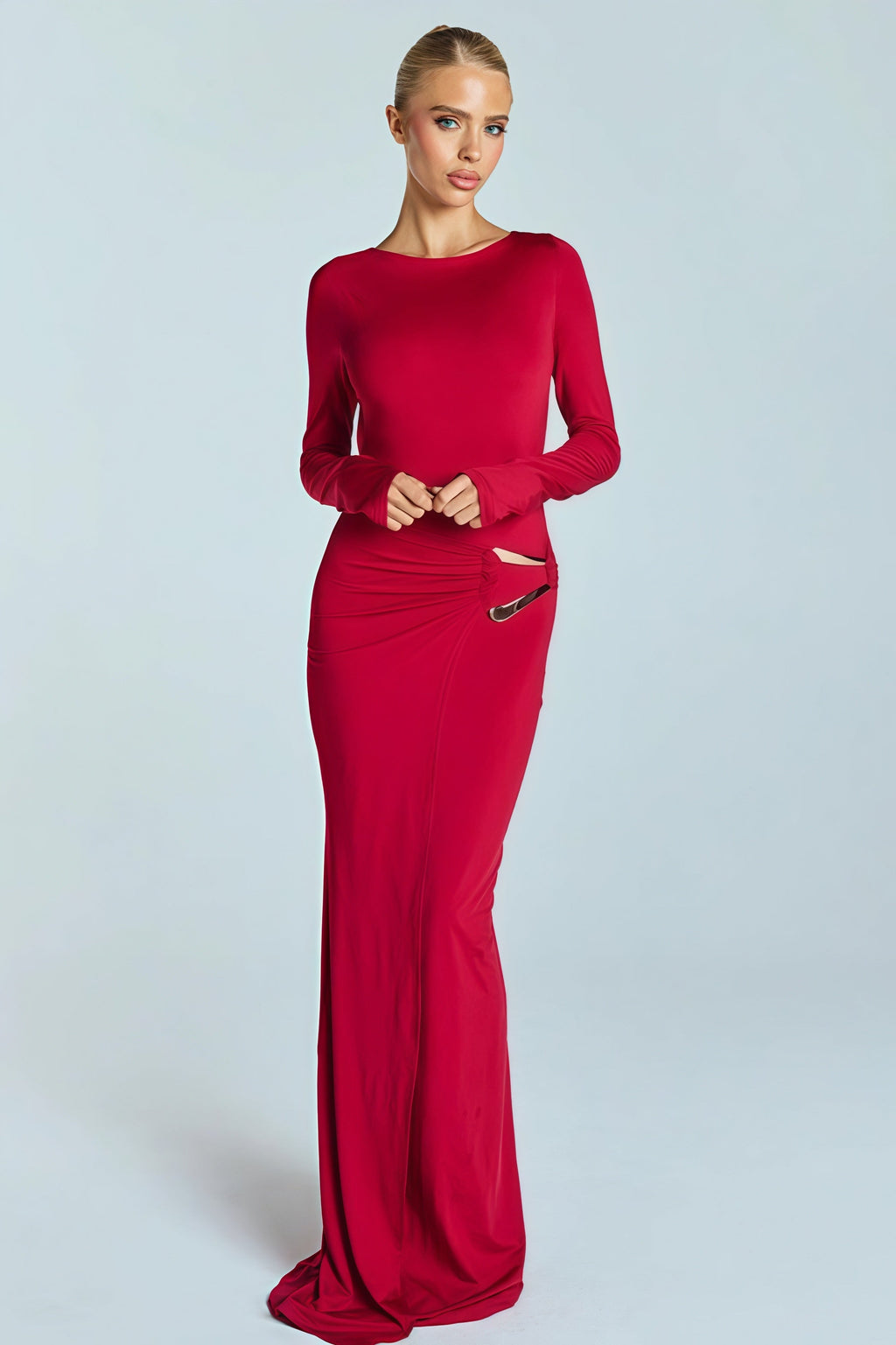 Sexy Backless Metal Decor Round Neck Sleeve Maxi Dress