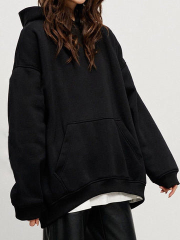 Sudadera con capucha de terciopelo de color liso con bolsillos sueltos y mangas largas 