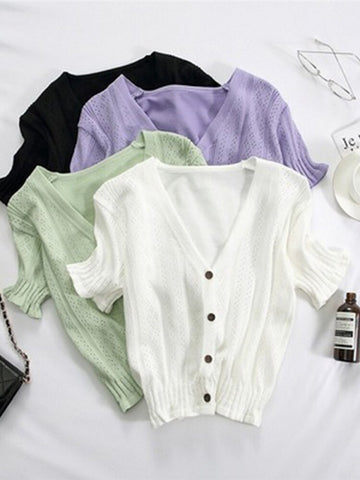 T-shirts Women V-Neck Button Up Tees Short Sleeve Casual T-shirts Knitted Cadigans Crop Tops For Women 2024 Summer Tee