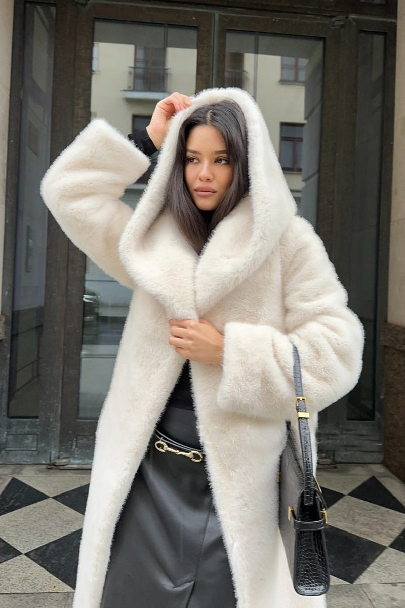 Faux Mink Fur Long Hooded Belted Plush Overcoat