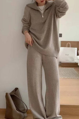 Casual Lapel Sweater and Wide-leg Pants Two-piece Suit